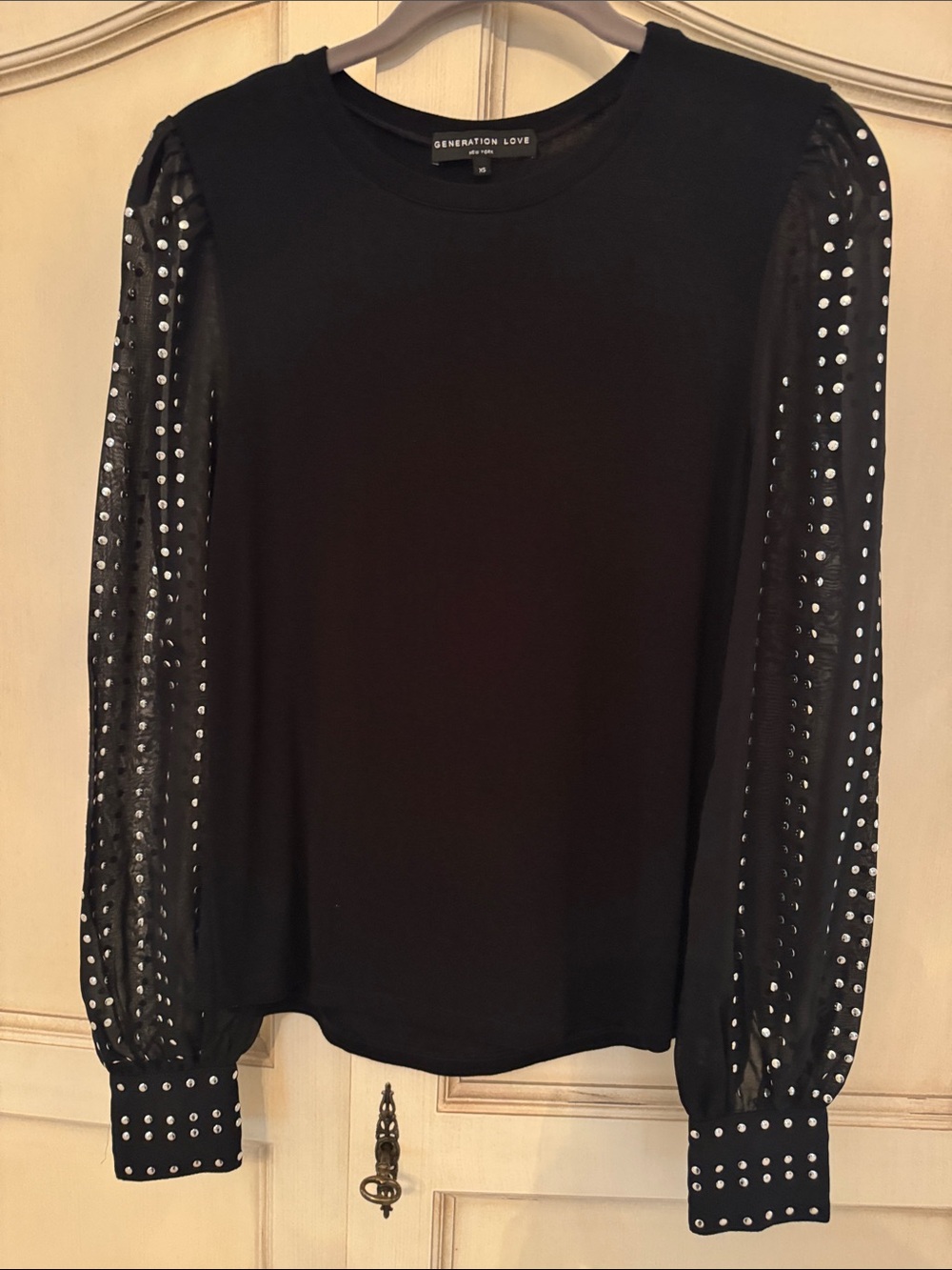 Generation Love Black Studded Sheer-Sleeve Long Sleeve Top